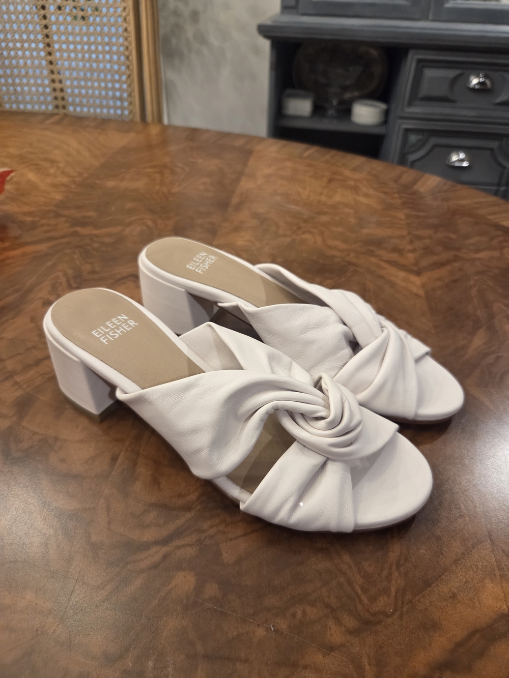 Eileen Fisher Cream Knotted Leather Block Heel Mules